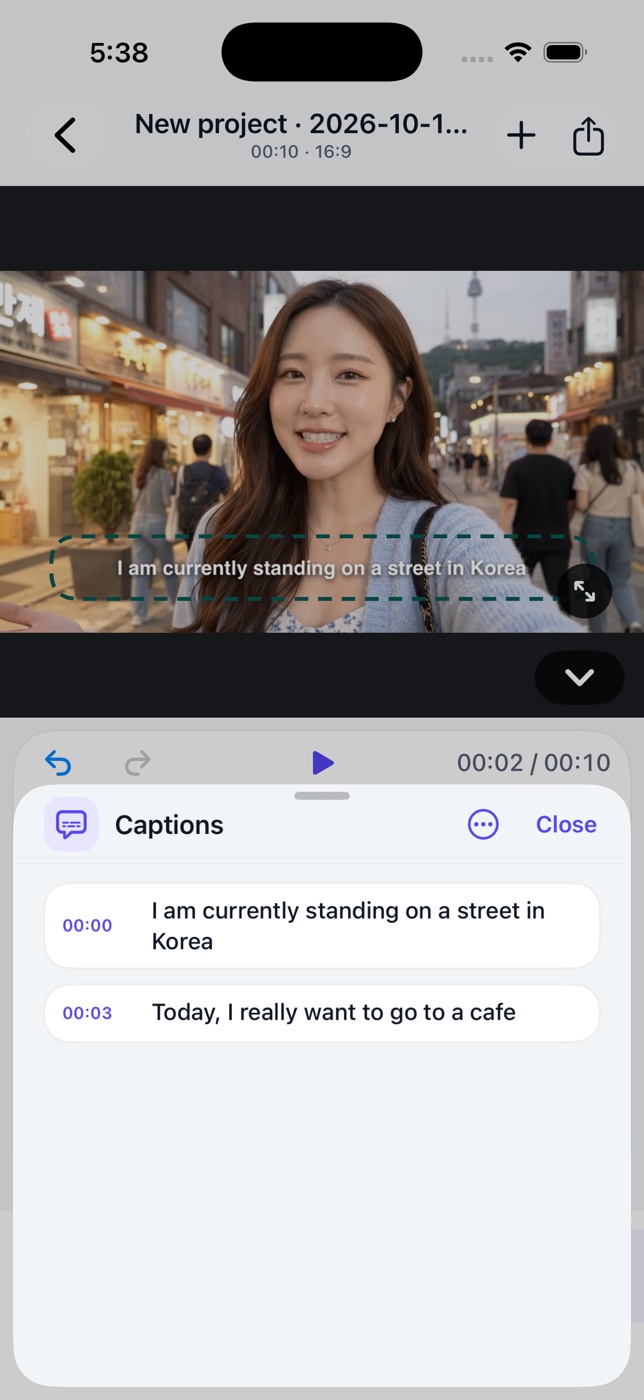 KakuCut caption list showing two editable caption segments