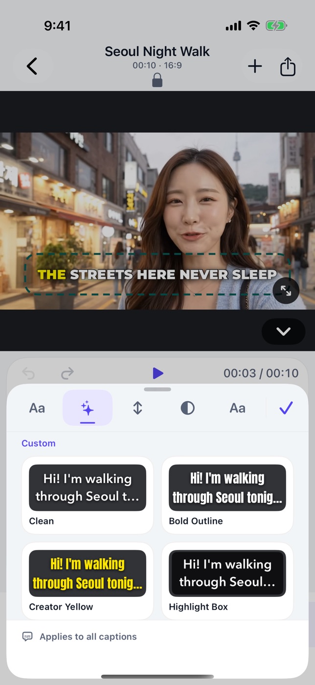 KakuCut caption style picker with Clean, Bold Outline, Creator Yellow, and Highlight Box styles