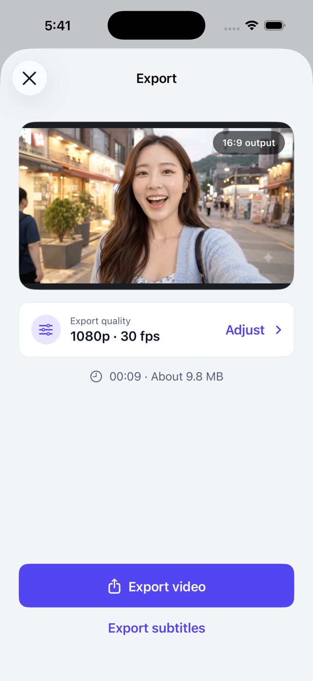 KakuCut export screen with Export video and Export subtitles buttons